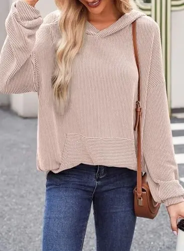 Dokotoo Hoodies for Women 2026 Casual Oversized Hoodie Long Sleeve Sweatshirt Solid Pullover Ribbed Knit Tops - 3