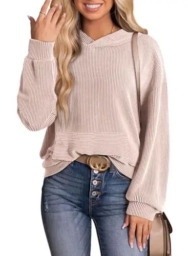 Dokotoo Hoodies for Women 2026 Casual Oversized Hoodie Long Sleeve Sweatshirt Solid Pullover Ribbed Knit Tops - Dokotoo