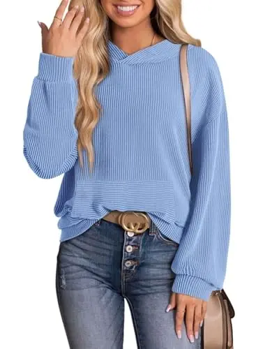 Dokotoo Hoodies for Women Casual Oversized Hoodie Long Sleeve Sweatshirt Solid Pullover Ribbed Knit Tops - 6