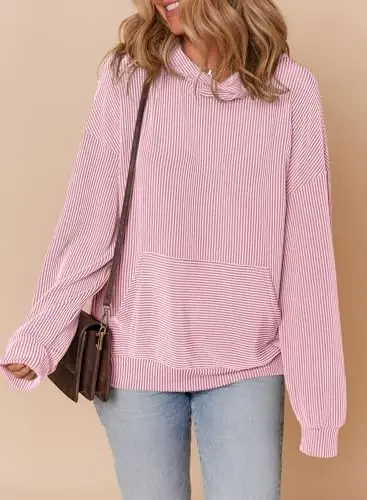 Dokotoo Hoodies for Women Casual Oversized Hoodie Long Sleeve Sweatshirt Solid Pullover Ribbed Knit Tops - 5