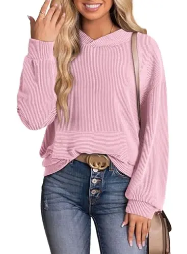 Dokotoo Hoodies for Women Casual Oversized Hoodie Long Sleeve Sweatshirt Solid Pullover Ribbed Knit Tops - 6