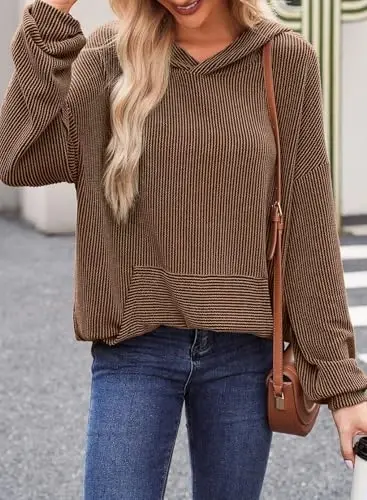 Dokotoo Hoodies for Women 2026 Casual Oversized Hoodie Long Sleeve Sweatshirt Solid Pullover Ribbed Knit Tops - 3