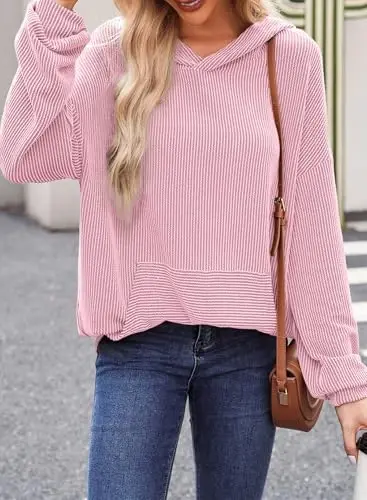 Dokotoo Hoodies for Women 2026 Casual Oversized Hoodie Long Sleeve Sweatshirt Solid Pullover Ribbed Knit Tops - 3