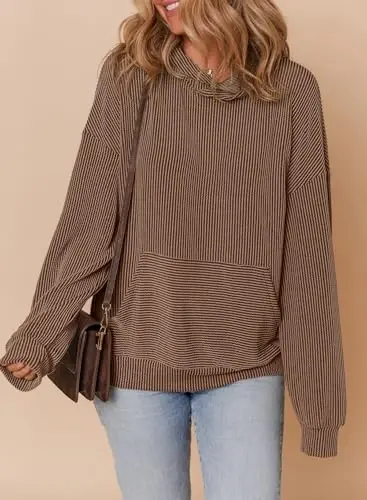 Dokotoo Hoodies for Women Casual Oversized Hoodie Long Sleeve Sweatshirt Solid Pullover Ribbed Knit Tops - 5