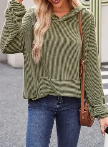 Dokotoo Hoodies for Women Casual Oversized Hoodie Long Sleeve Sweatshirt Solid Pullover Ribbed Knit Tops - 5