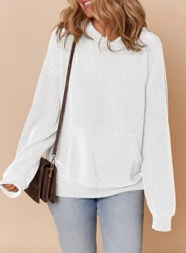 Dokotoo Hoodies for Women Casual Oversized Hoodie Long Sleeve Sweatshirt Solid Pullover Ribbed Knit Tops - 5