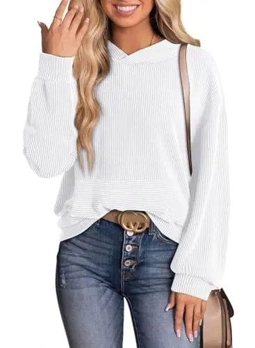 Dokotoo Hoodies for Women Casual Oversized Hoodie Long Sleeve Sweatshirt Solid Pullover Ribbed Knit Tops - 6