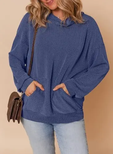 Dokotoo Hoodies for Women Casual Oversized Hoodie Long Sleeve Sweatshirt Solid Pullover Ribbed Knit Tops - 4