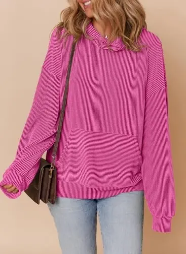 Dokotoo Hoodies for Women Casual Oversized Hoodie Long Sleeve Sweatshirt Solid Pullover Ribbed Knit Tops - 5