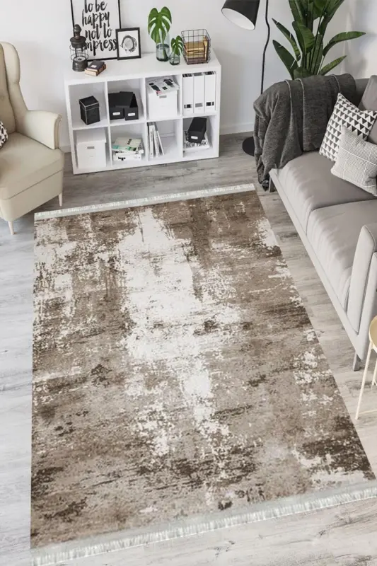 Doku Eko Punto Kaymaz Tabanlı Yıkanabilir Antibakteriyel Dijital Baskı Doku Halı Yolluk-KAHVERENGİ - 2