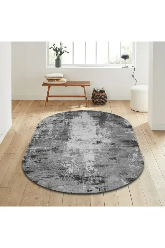 Doku Eko Punto Non-Slip Washable Antibacterial Digital Printing Oval Carpet-GRAY - MOTTO HALI