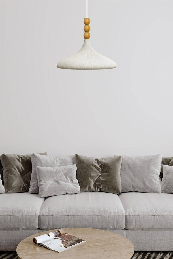 Champion Dokulu Açık Krem Ahşap Boncuklu Tekli Sarkıt Avize Salon Mutfak E27-dokulu açık krem - 9