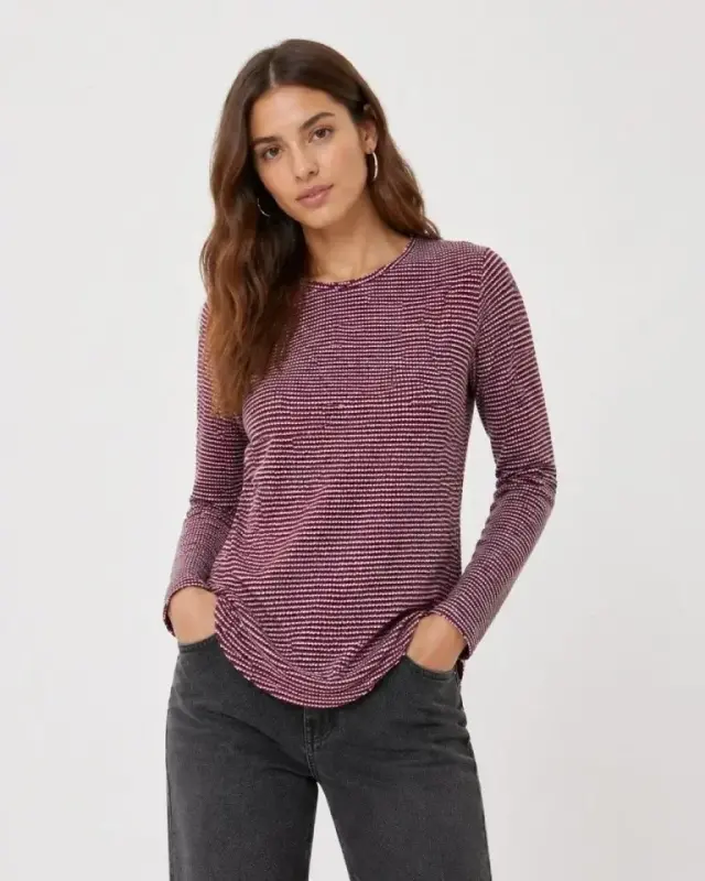 Dokulu Çizgili Uzun Kollu Tişört Oval Kesim Basic Rahat Kalıp Bluz - Bordo - 3