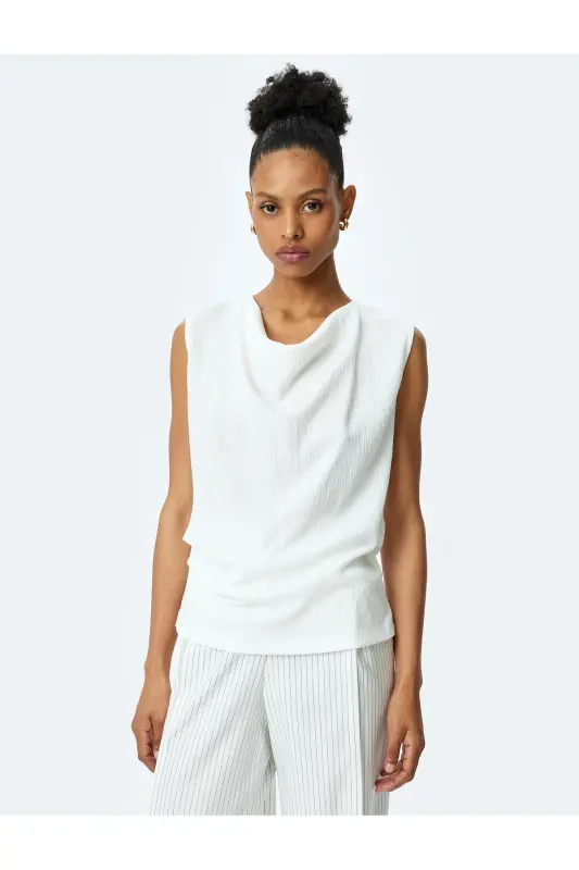 Dokulu Degaje Yaka Kolsuz Bluz-Ekru - 3