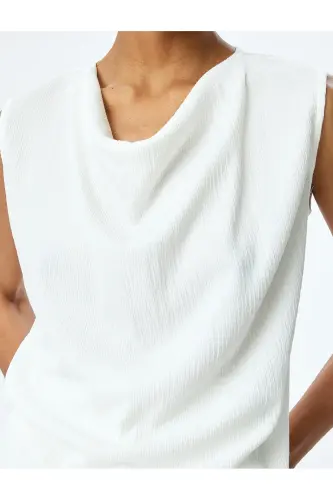 Dokulu Degaje Yaka Kolsuz Bluz-Ekru - 5