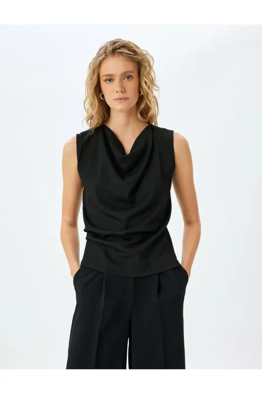 Dokulu Drape Yaka Kolsuz Bluz - 3