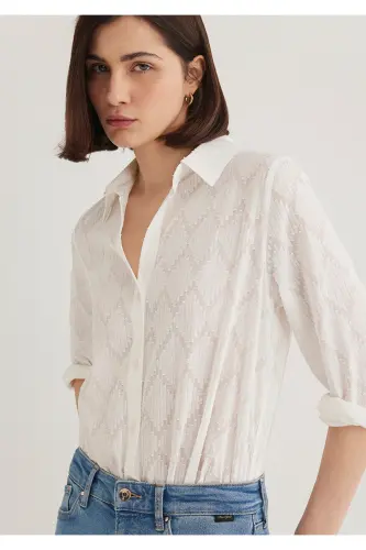 Dokulu Ekru Gömlek Loose Fit / Bol Rahat Kesim 1211032-70057-Ekru 