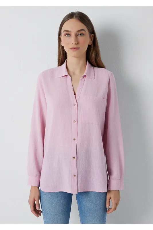 Dokulu Pembe Gömlek Loose Fit / Bol Rahat Kesim 1211114-71015 - Pembe - 3
