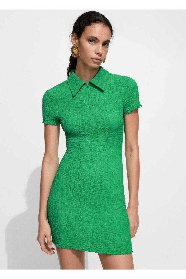 Dokulu polo yaka elbise - Yeşil - 1