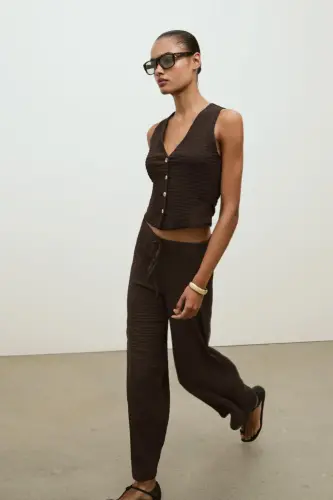 DOKULU STRAIGHT FIT PANTOLON-Çikolata - 4