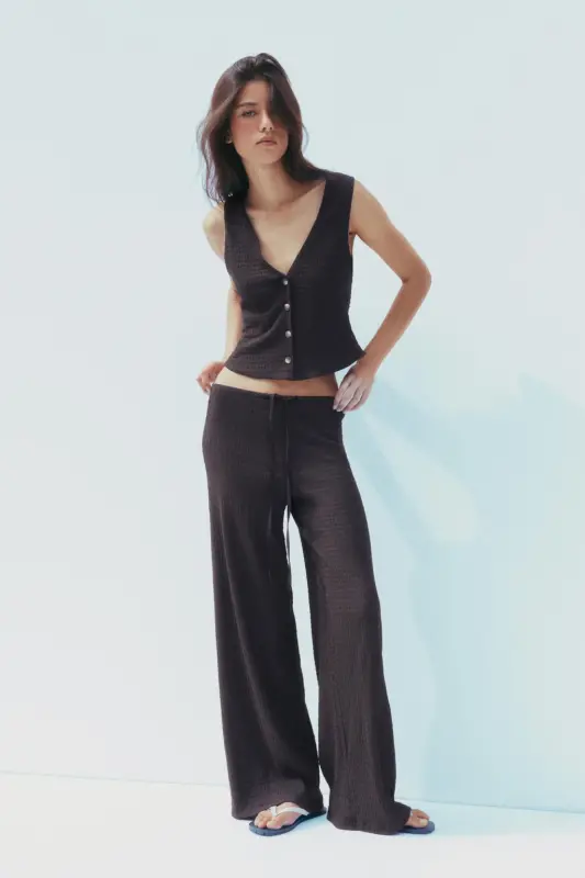 DOKULU STRAIGHT FIT PANTOLON-Çikolata - 1