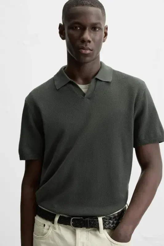 DOKULU TRİKO POLO T-SHIRT-haki - 5