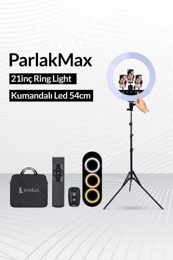 Döküm Ayaklı 21 Inç Rıng Lıght Kumandalı Led 54cm Influencer Kuaför Makyaj Işığı Çantalı-SİYAH - 5