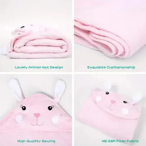 Touchat Hooded Baby Towels, Soft and Hypoallergenic Baby Bath Towels with Hood for Toddler Infant Newborn, Large and Absorbent Toddler Towels for Baby Boy Girl (Rabbit, 35.1''x35.1'') - 2