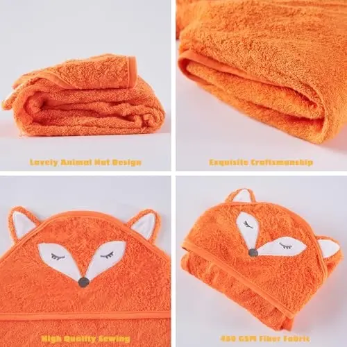 Touchat Hooded Baby Towels, Soft and Hypoallergenic Baby Bath Towels with Hood for Toddler Infant Newborn, Large and Absorbent Toddler Towels for Baby Boy Girl (Fox Kit, 35.1''x35.1'') - 5