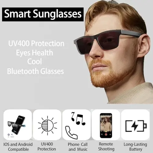 Dolado Smart Audio Bluetooth Ovozli yordamchili ko'zoynak, yengil UV himoyali quyoshdan saqlaydigan ko'zoynak, qo'shaloq dinamikli, masofadan suratga olish, musiqa, qo'lsiz qo'ng'iroq qilish uchun tashqi ko'zoynak, erkaklar va ayollar uchun - 3