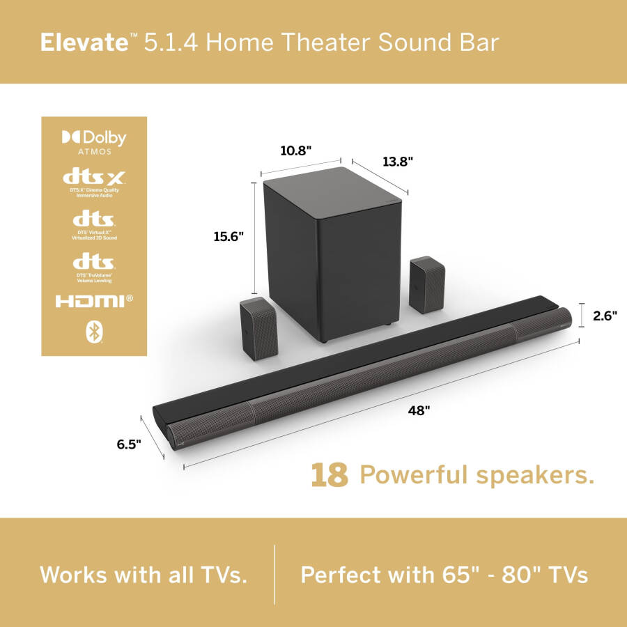 Dolby Atmos va DTS: X texnologiyali VIZIO Elevate 5.1.4 uy teatri uchun Sound Bar - P514a-H6 - 2