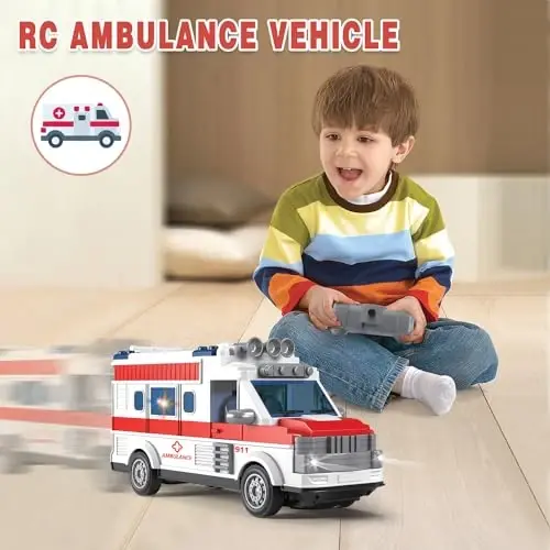 Dollox 1/30 Remote Control Ambulance, 2.4G RC Play Car Toy 4 Channel Electric Ambulance Vehicles Emergency Rescue Cars with Lights, Opening Door, Gifts for Kids Boys Girls Age 3 4 5 6 7 - 4