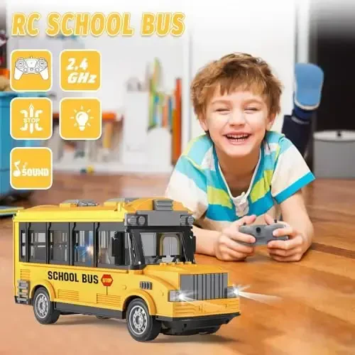 Dollox 1/30 RC School Bus, 2.4G Remote Control School Car 4 Channel City Classic Bus Toy Electronic Vehicles Opening Door for Toddlers with Lights (School Bus) - 4