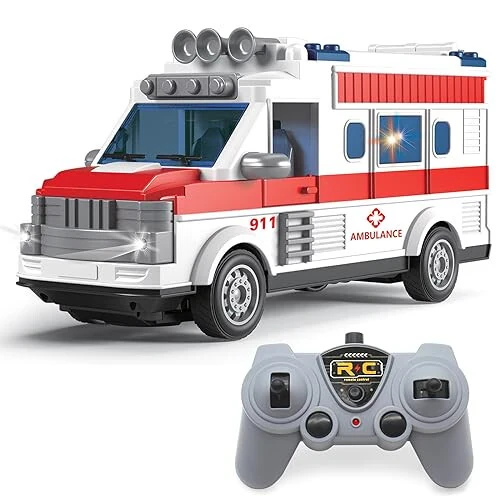 Dollox 1/30 Remote Control Ambulance, 2.4G RC Play Car Toy 4 Channel Electric Ambulance Vehicles Emergency Rescue Cars with Lights, Opening Door, Gifts for Kids Boys Girls Age 3 4 5 6 7 - DOLLOX