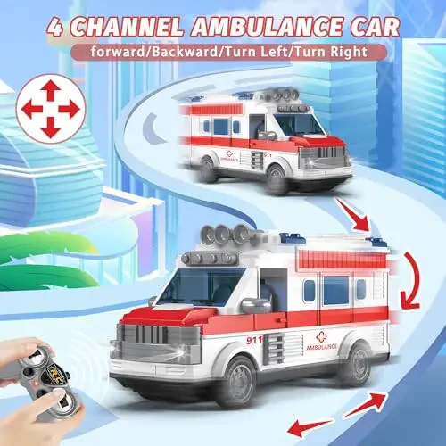Dollox 1/30 Remote Control Ambulance, 2.4G RC Play Car Toy 4 Channel Electric Ambulance Vehicles Emergency Rescue Cars with Lights, Opening Door, Gifts for Kids Boys Girls Age 3 4 5 6 7 - 2