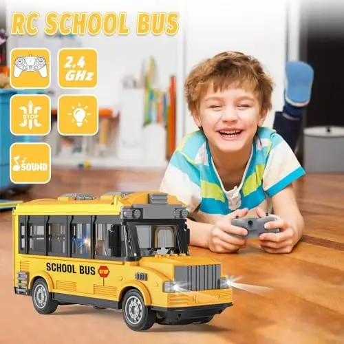 Dollox 1/30 RC School Bus, 2.4G Remote Control School Car 4 Channel City Classic Bus Toy Electronic Vehicles Opening Door for Toddlers with Lights (School Bus) - 4