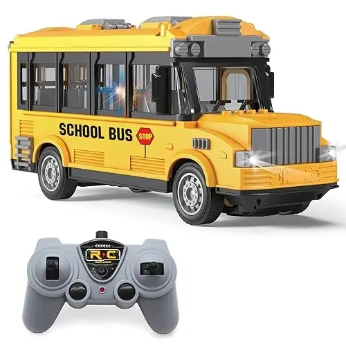 Dollox 1/30 RC School Bus, 2.4G Remote Control School Car 4 Channel City Classic Bus Toy Electronic Vehicles Opening Door for Toddlers with Lights (School Bus) - 1