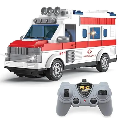 Dollox 1/30 Remote Control Ambulance, 2.4G RC Play Ambulance Car Toy 4 Channel Electric Ambulance Vehicles Emergency Rescue Cars with Lights, Opening Door, Gifts for Kids Boys Girls Age 3 4 5 6 7 