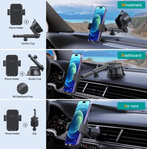 DOLYOFG Car Phone Holder Mount, [Military-Grade Suction & Super Sturdy Base] 3 in 1 Universal Phone Mount for Car Dashboard Windshield Air Vent Hands Free Car Mount for iPhone Android Smartphone - 3