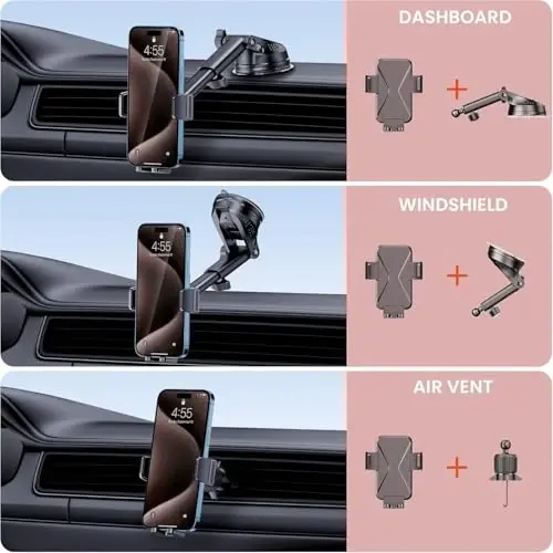 DOLYOFG Universal Car Phone Mount Holder [3-in-1 Suction Cup] for Dashboard Windshield Air Vent, Military-Grade Adhesive Phone Car Mount, One Hand Release for iPhone Samsung Android Smartphones - 2