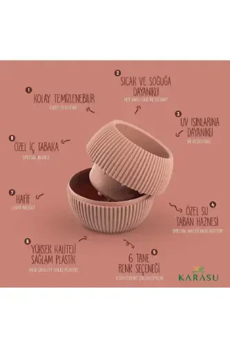 Домашний Декор Karasu Декоративный И Современный Набор Коралловых Горшков 5 Штук-SOFT PEMBE - 6