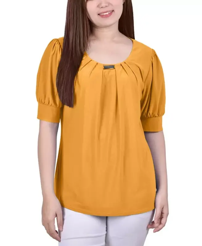Women's Short Balloon Sleeve Top with Hardware - Golden-Tone Glow - 1