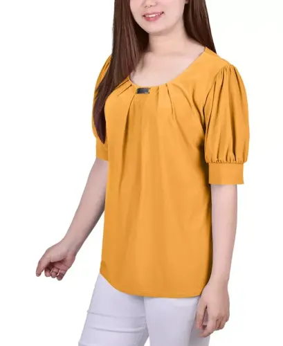 Women's Short Balloon Sleeve Top with Hardware - Golden-Tone Glow - 3
