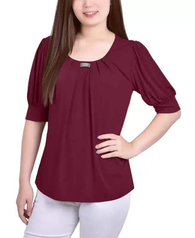 Women's Short Balloon Sleeve Top with Hardware - Rhododendron - 1