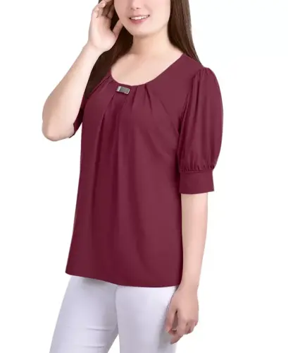 Women's Short Balloon Sleeve Top with Hardware - Rhododendron - 3