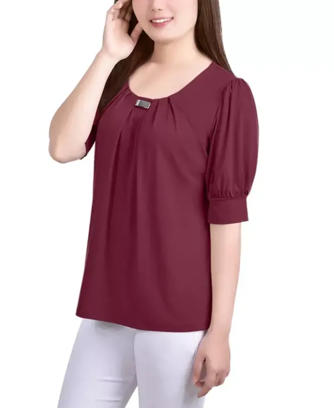 Women's Short Balloon Sleeve Top with Hardware - Rhododendron - 3