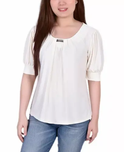 Women's Short Balloon Sleeve Top with Hardware - Pristine 