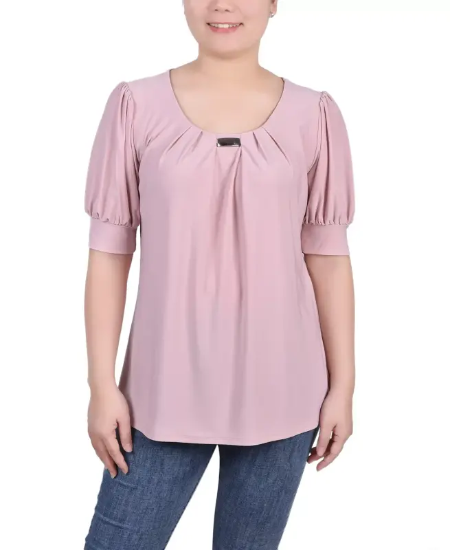 Women's Short Balloon Sleeve Top with Hardware - Mellow Rose - NY COLLECTION