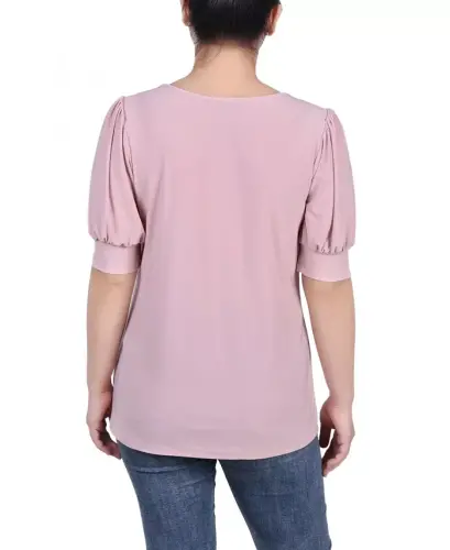 Women's Short Balloon Sleeve Top with Hardware - Mellow Rose - 2