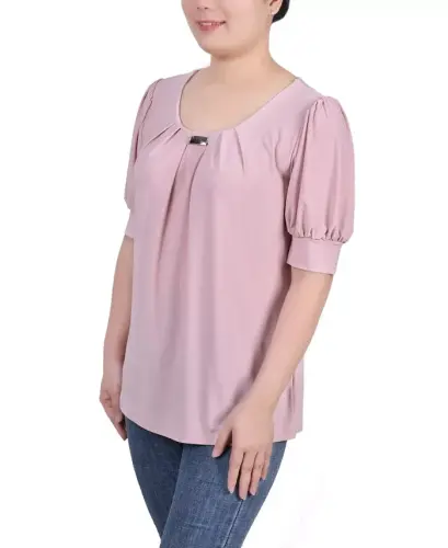 Women's Short Balloon Sleeve Top with Hardware - Mellow Rose - 3